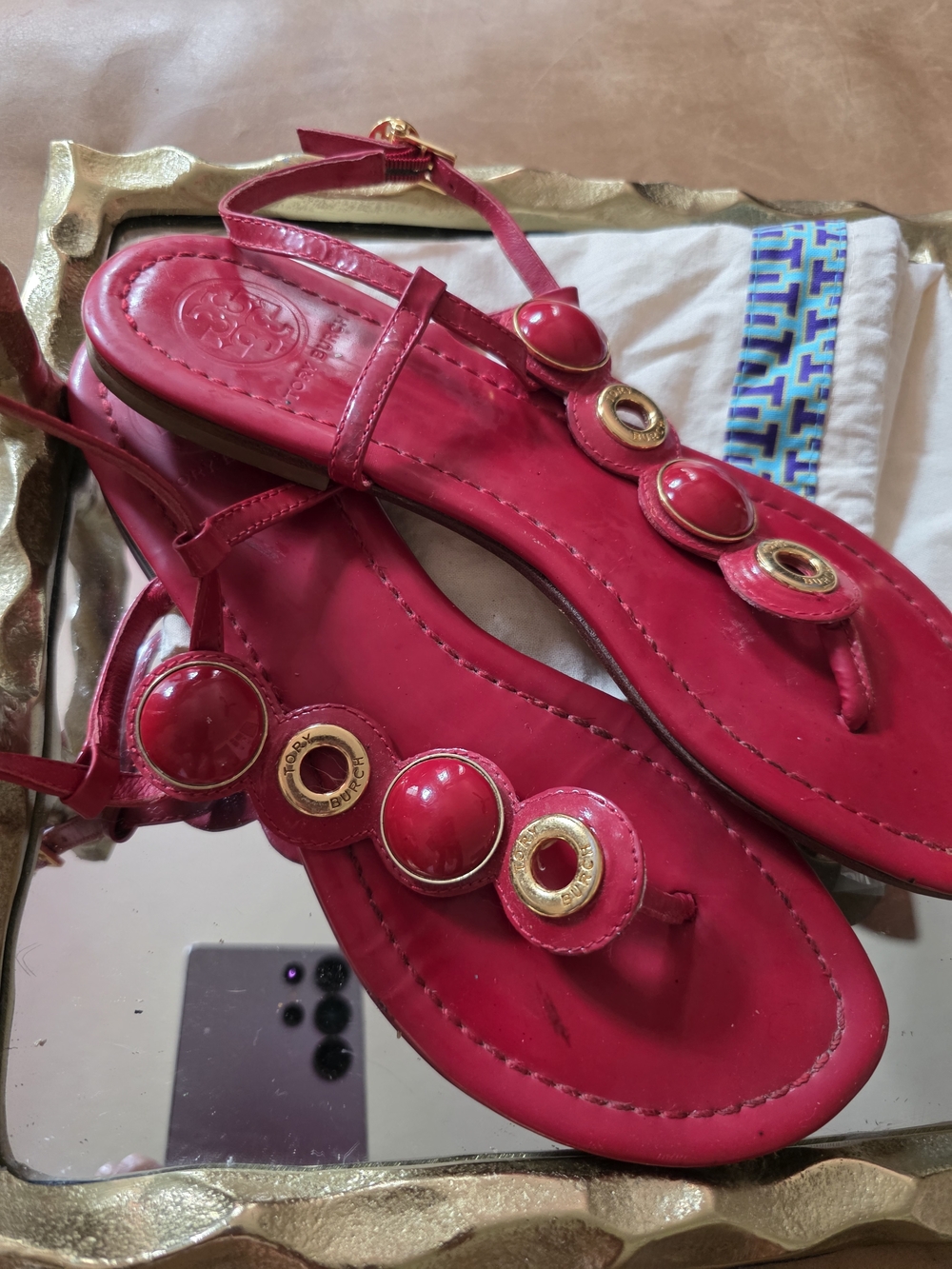 Tory Burch Red Patent Leather Thong Sandals with Gold Discs